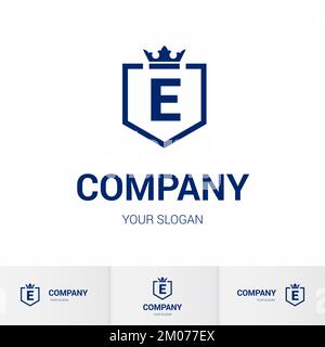 Illustration of Shield Badge-Shape with letter E in the Middle and Luxury Crown. Logo Icon Template for Web and Business Card, Letter Logo Template on Stock Vector