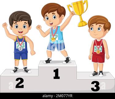 Children with medals standing on podium and holding a trophy Stock Vector