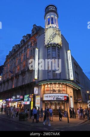 Book of Mormon, Prince Of Wales Theatre, at dusk, Coventry St, London, England, UK,  W1D 6AS Stock Photo