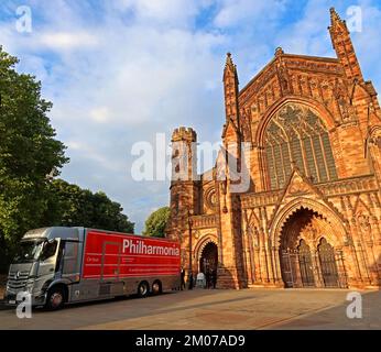 Philharmonia TCF truck at Hereford Cathedral Church at sunset, 5 College Cloisters, Cathedral Close, Hereford, Herefordshire, England, UK, HR1 2NG Stock Photo