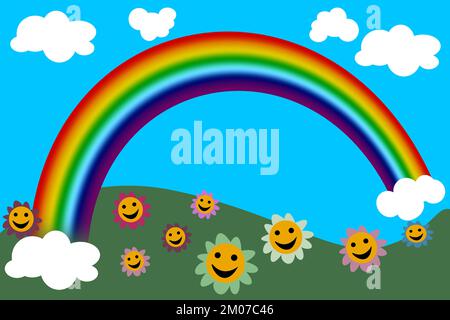 Illustration of a very colorful rainbow in a meadow with flowers drawn. Vectors and flat colors. Stock Vector