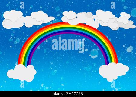 Illustration of a colorful rainbow with clouds in the sky and snowflakes. Stock Vector