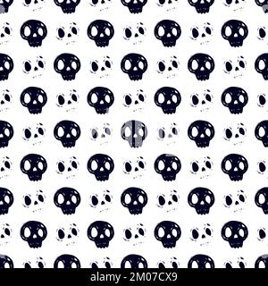 Black skull and scary face on white background seamless vector pattern. Stock Vector