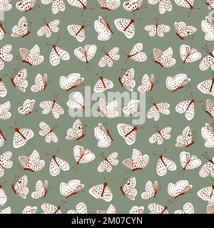 White moths on a green sage color background vector seamless pattern. Line and spot. Stock Vector