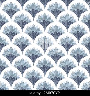 Lotus blue seamless vector pattern. Water lily and leaves on white background. Stock Vector