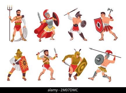 Ancient roman gladiators. People in armor. Warriors with different weapons. Helmets and shields. Historical soldier characters. Fighter poses with Stock Vector