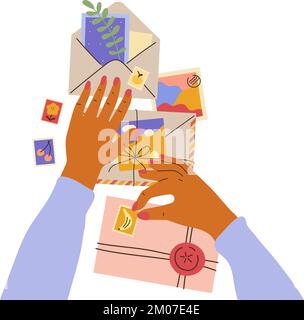 Postal envelopes with hands. Human arms write letters. Signing postcards and gluing postmarks. Sending invitations. Wax seals or postage stamps. Post Stock Vector
