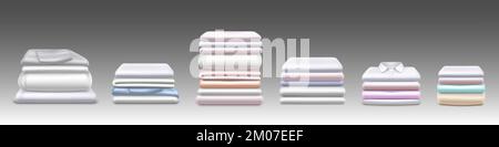Clean washed clothes, realistic apparel piles, laundry clothing stacks. Isolated fresh ironed garment heaps, shirts, linen, towels or sweaters textile graphic elements, 3d vector illustration, set Stock Vector