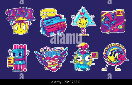 Funny retro stickers isolated on background. Contemporary vector illustration of weird colorful characters, emoji, vintage player, winged heart, casette tape, alien, coffee, money, scared earth planet Stock Vector
