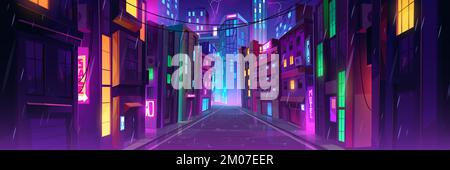 Rainy weather in night city street with neon lights. Vector cartoon illustration of rainfall in modern megalopolis with shops, apartment buildings. Windows of skyscrapers glowing in different colors Stock Vector