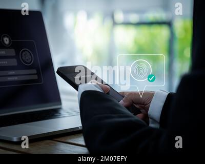 Digital finger print scan, cyber security with biometrics authentication technology, touch ID, 2FA concepts. Virtual fingerprint with checkmark icon o Stock Photo