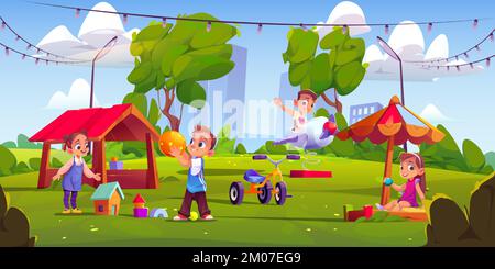 Children playing on playground with cityscape view. little boys and girls sitting in sand box with toy, wooden hut and airplane swing. Kids outdoor fun, summer recreation, Cartoon vector illustration Stock Vector