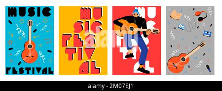 Music festival poster templates set. Flat vector illustration of vintage banners with female character playing guitar and background with notes, microphone, casette player, retro style lettering Stock Vector