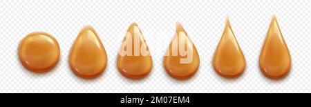 Caramel drops, toffee, sugar caramelization, sweet sauce drips of different shapes isolated on transparent background. Orange or brown glossy fudge or syrup stains, Realistic 3d vector illustration Stock Vector