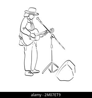 male guitarist standing and busking by playing guitar illustration vector hand drawn isolated on white background line art. Stock Vector