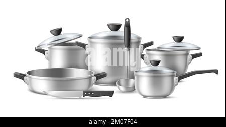 Realistic cookware. Silver shiny kitchenware composition, metallic utensils, pots with glass lids and pans, knife and ladle, cooking accessories, 3d Stock Vector