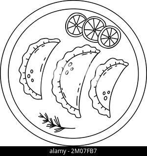 Mexican Empanadas on plate with lime slices. Vector linear hand drawing mexican food in doodle style. Latin American national dish for menu design, ga Stock Vector