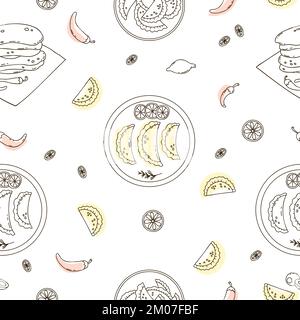 Seamless pattern with Mexican Empanadas and corn tortillas with chili peppers and lime slices on white background. Vector illustration latin american Stock Vector
