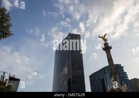 Architectural detail of The Angel of Independence, a victory column on a roundabout on the major thoroughfare of Paseo de la Reforma in Mexico City Stock Photo