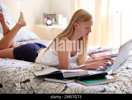 Getting ready for exams. Young college student working on an assignment at home. Stock Photo