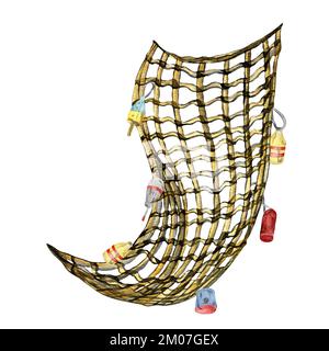 Fishing net and buoy watercolor illustration isolated on white background. Seine, fishnet, float hand drawn. Design element for banner, label, market, Stock Photo