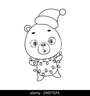 Coloring page cute Christmas bear with garland. Coloring book for kids. Educational activity for preschool years kids and toddlers with cute animal. V Stock Vector