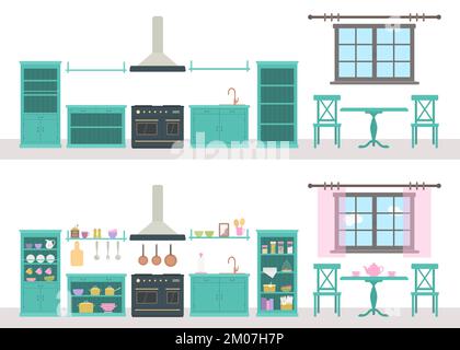 Blue kitchen in Provence style is empty and with utensils Stock Vector