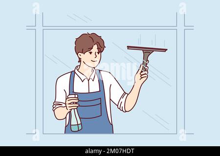 Man washes windows using brush and spray bottle with detergent, outside view of building. Guy employee of cleaning company in work uniform cleans up business center. Flat vector illustration Stock Vector