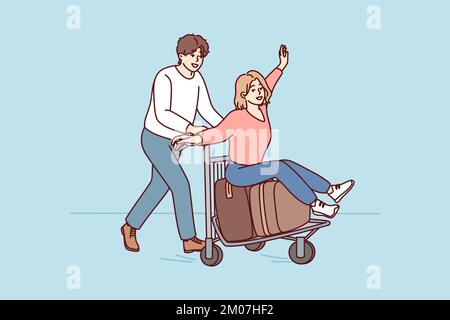 Happy man and woman heading for summer trip with big suitcases looking forward to good vacation. Guy rides joyful girl in casual clothes on bag cart from airport. Flat vector illustration Stock Vector
