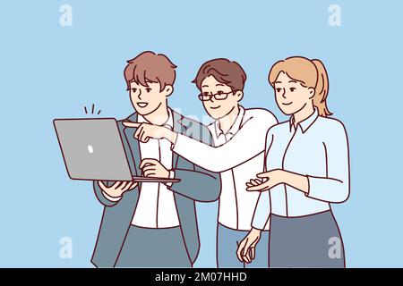 Woman and two men dressed in business style stand with laptop while studying site. Startup employees are discussing project looking at presentation of software in computer. Flat vector image Stock Vector