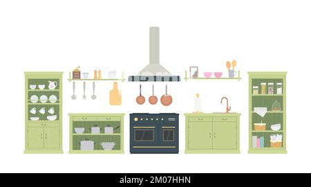 Green kitchen in Provence style with kitchen utensils. Wooden furniture Stock Vector