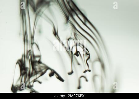 a cloud of ink in a transparent glass cup with clear water amid rays of light. Template, layout, background, texture. macro diffusion black and white Stock Photo
