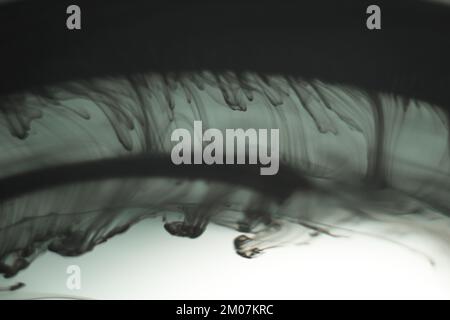 a cloud of ink in a transparent glass cup with clear water amid rays of light. Template, layout, background, texture. macro diffusion black and white Stock Photo
