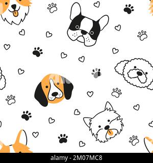 Dogs seamless pattern with face of different breeds. Corgi, Beagle, French bulldog, Poodle. Texture with dog heads. Hand drawn vector illustration in Stock Vector