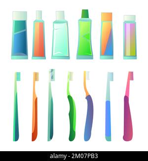 Set tubes of toothpaste and toothbrushes objects. Items for dental and oral care. Isolated on white background. Vector. Stock Vector
