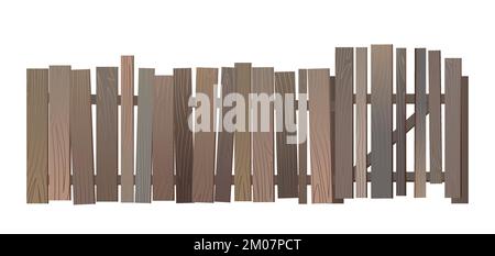 Old cheap fence with gate. From old boards. Isolated on white background Vector. Stock Vector