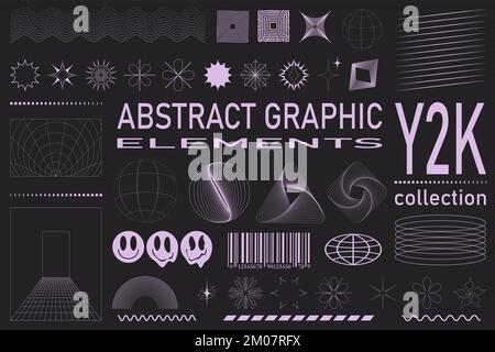 Retro futuristic elements for design. Collection of abstract graphic geometric symbols and objects in y2k style. Stock Vector