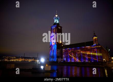 Nobel Week Lights in central Stockholm where, among other things, the work Conscience is projected on Stockholm City Hall, Sweden, December 3, 2022. P Stock Photo