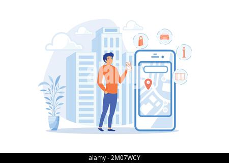 A man near huge LCD screen with city map and gps tags on the screen getting information about the city. Mobile center, smart guide, IoT and smart city Stock Vector