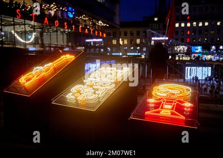 Nobel Week Lights in central Stockholm, Sweden, December 3, 2022. This image: Past Interactions by Lina Blass, Tora Kirchmeier, Maria Nyholm at Sergel Stock Photo
