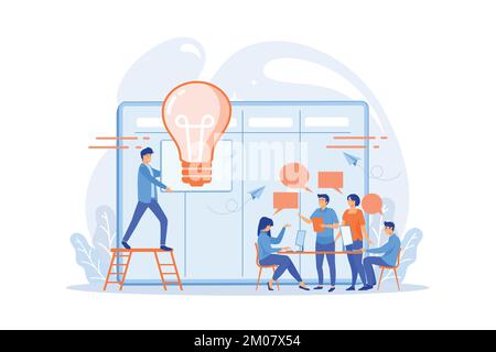 Managers at workshop training manager skills and brainstorming at board. Managers workshop, supervisors course, management skills training concept. fl Stock Vector
