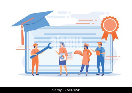 Vocational specialists graduating and diploma with graduation cap. Vocational education, professional learning, online vocational education concept. f Stock Vector