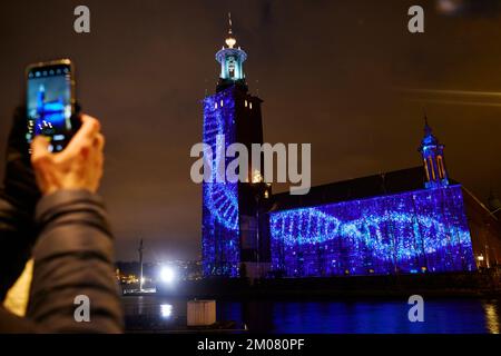 Nobel Week Lights in central Stockholm where, among other things, the work Conscience is projected on Stockholm City Hall, Sweden, December 3, 2022. P Stock Photo