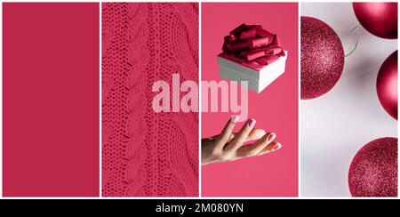 Color of the Year 2023 Viva Magenta. Collage palette on Christmas themes of three trendy carmine shade backgrounds. Knitted sweater, hand with gift, C Stock Photo