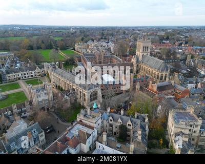St John's College, Cambridge England drone aerial view high angle winter Stock Photo