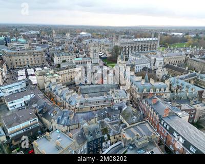 Cambridge City centre UK drone aerial high angle sunset in winter Stock Photo