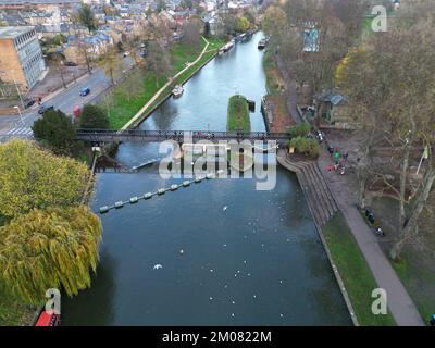Jesus Lock Footbridge over River Cam Cambridge England drone aerial Stock Photo