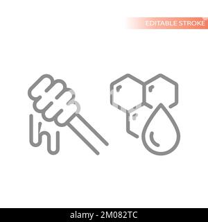 Honey dipper spoon and honeycomb icon set. Outlined vector icons. Stock Vector