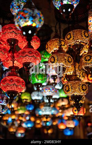 Oriental colorful glass hanging lamps or lanterns in turkish bazaar Stock Photo