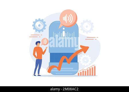 Voice controlled smart speaker and user talking. Smart home office main controlling hub, IoT technology and voice controlled digital devices concept. Stock Vector